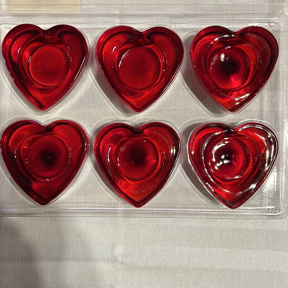 6 red glass heart shaped votive holders